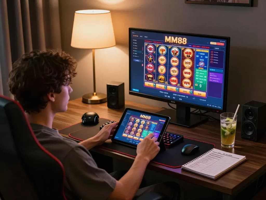 Engaging with MM88 online casino interface in a cozy gaming setup.