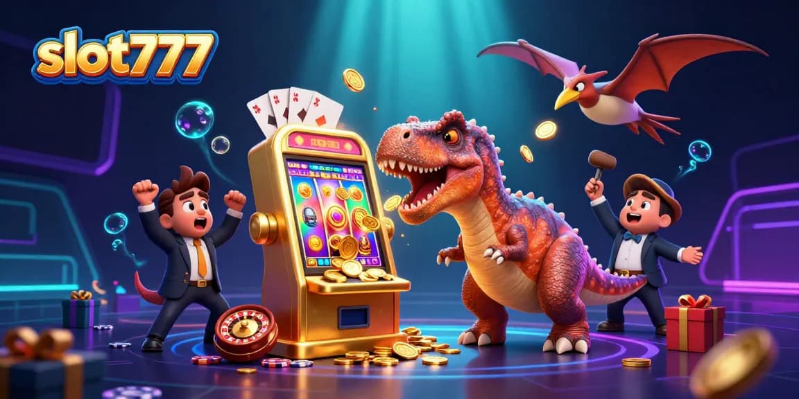 Experience thrilling wins with slot777 as a pachycephalosaurus battles a slot machine for jackpots!
