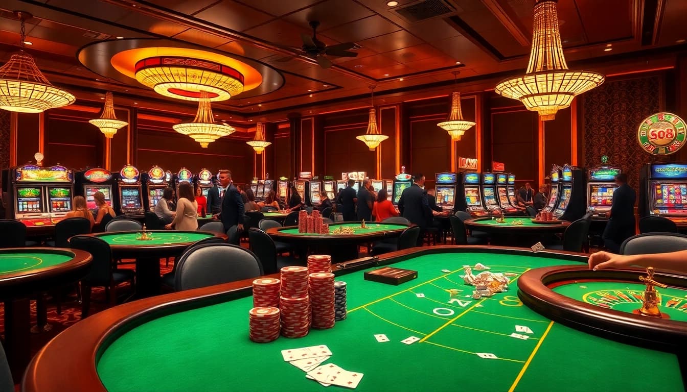 Players revel in excitement at a GO8 themed casino table, showcasing vibrant chips and cards.