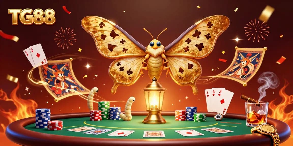 Experience the excitement of TG88 with vibrant casino scenes featuring a 3D atlas moth in a dazzling setting.