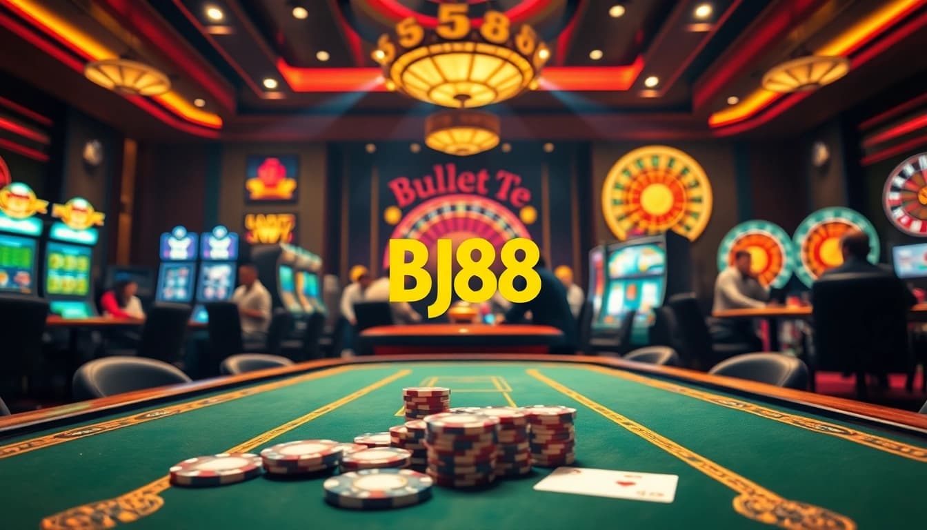 BJ88 casino scene featuring poker games, rewarding slot machines, and an inviting atmosphere.