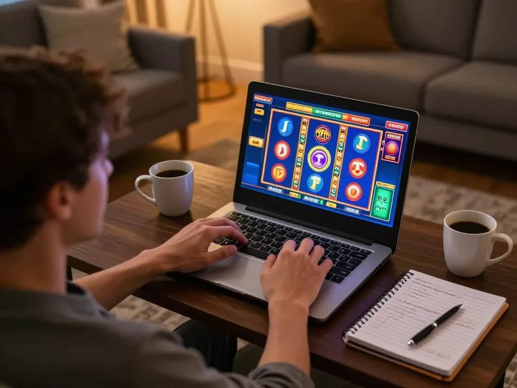 Situs slot gameplay on a laptop in a cozy living room, highlighting strategic gaming.