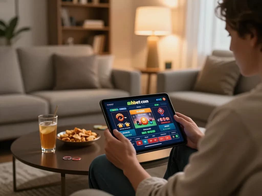 Playing on shbet com in a modern home setup with engaging online casino graphics.