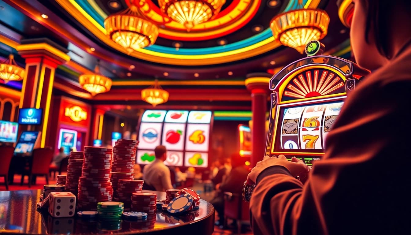 Nohu90 slot machine in a lively casino environment, showcasing excitement and potential winnings.