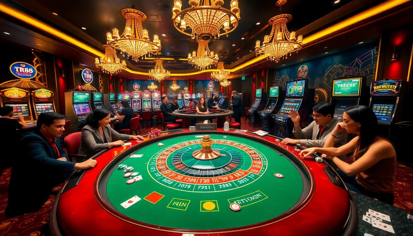 Experience the thrill of gambling at TR88 with lively roulette tables and vibrant casino elements.