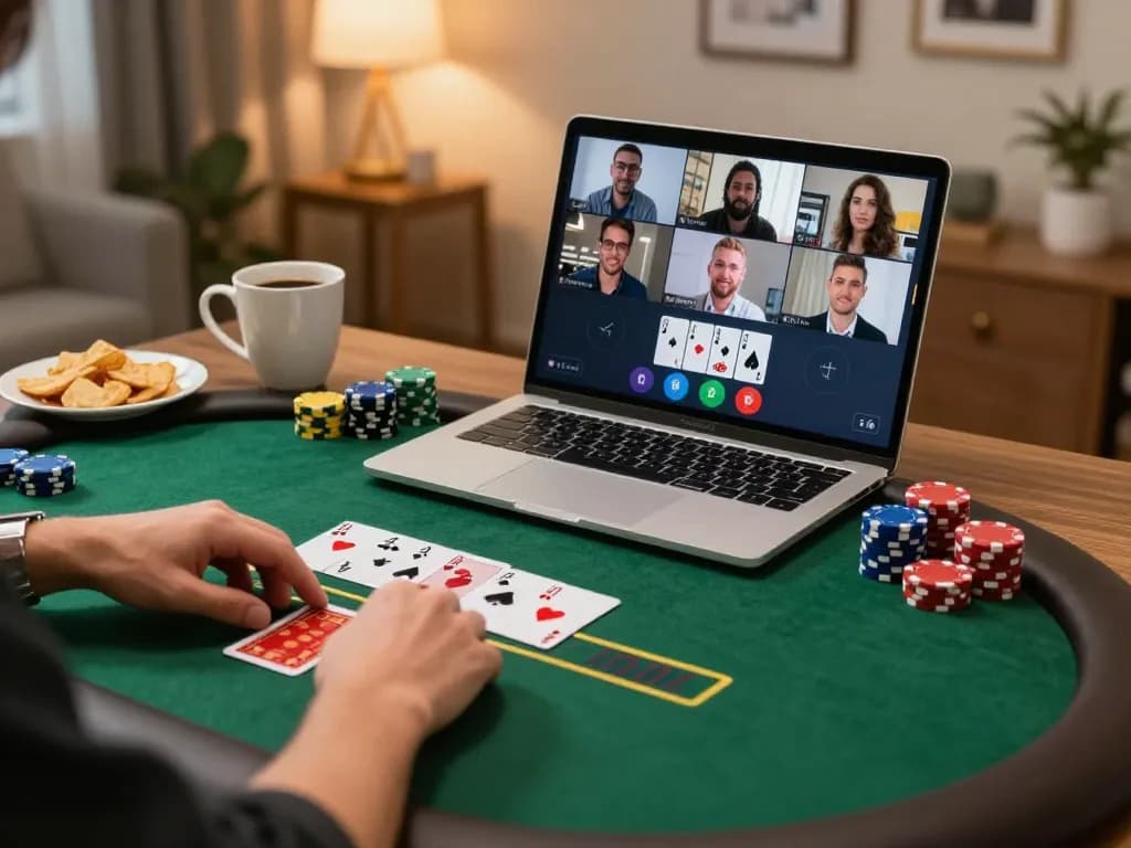 Engaged player at soc88 online poker game, showcasing strategic betting decisions in a cozy home office.