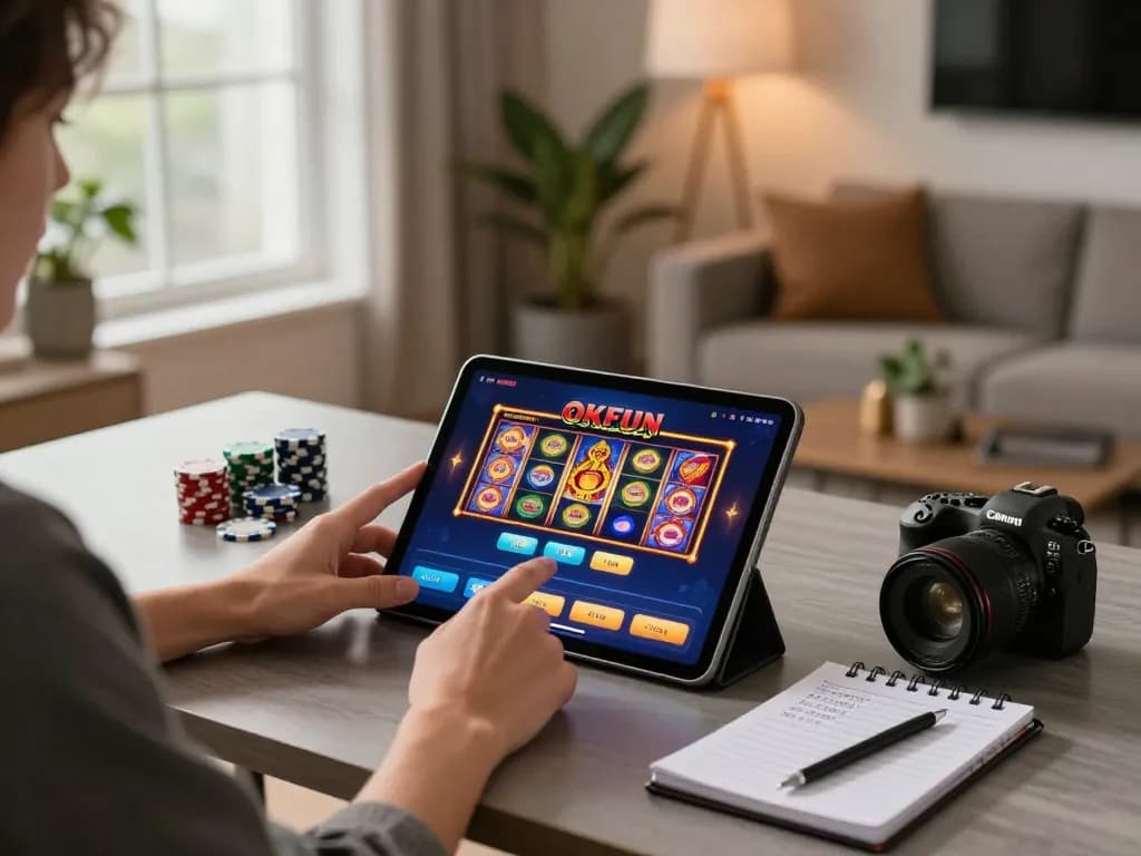 Player engaged with the OKFUN app for online casino gaming at home, highlighting responsible gambling.