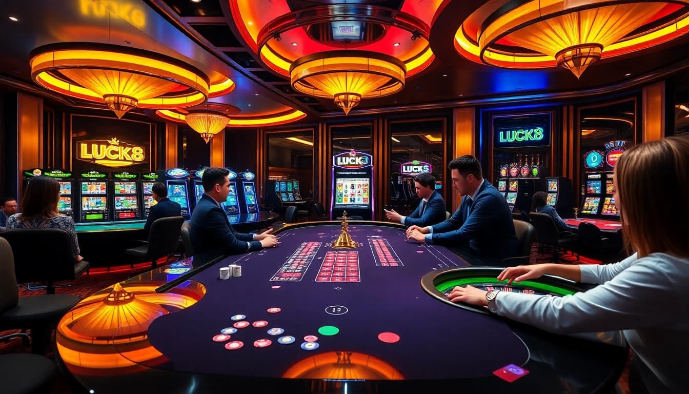 LUCK8 players enjoying a thrilling gaming experience with poker chips and slot machines.