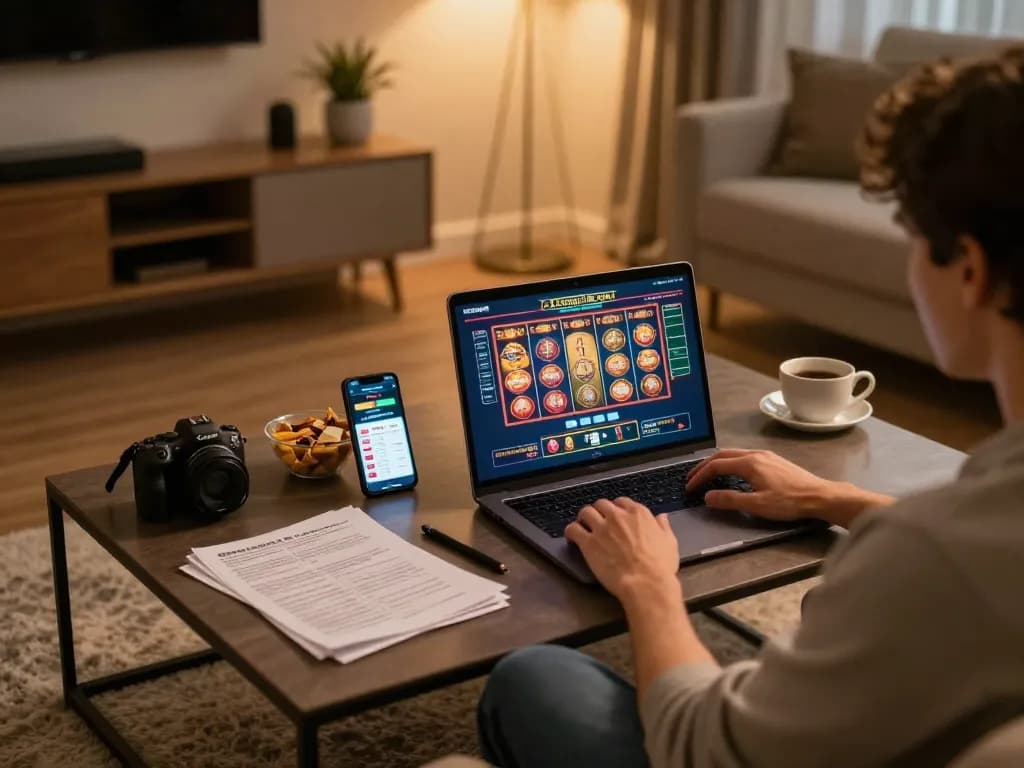 Engaging with goal123 on a laptop, showcasing a vibrant casino gaming experience at home.