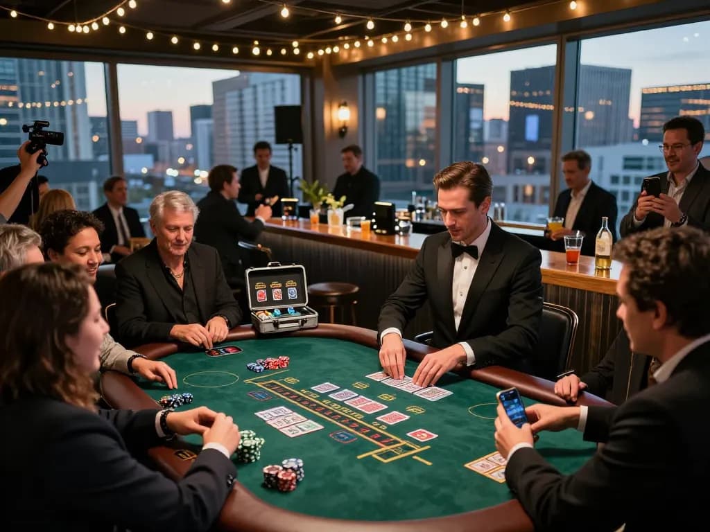Players engaged in a thrilling live dealer blackjack game at LC88 rooftop bar, capturing excitement and urban nightlife vibes.