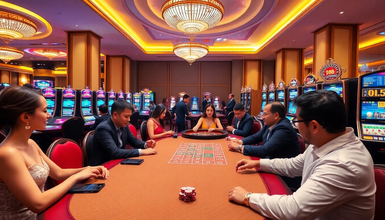 Experience the thrill of gambling at qh88 with vibrant casino gaming tables and eager players.