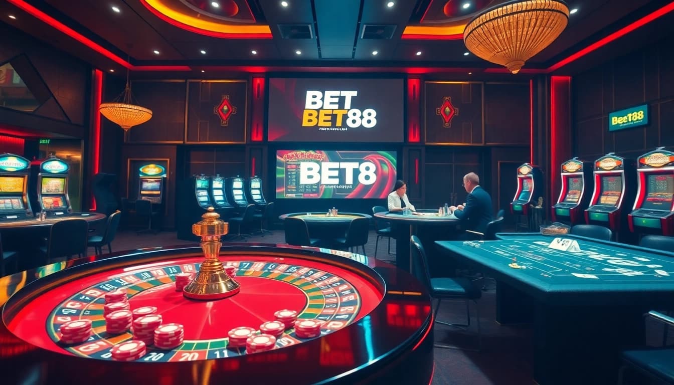 Experience luxurious gaming excitement at BET88 with vibrant casino tables and action-packed slot machines.