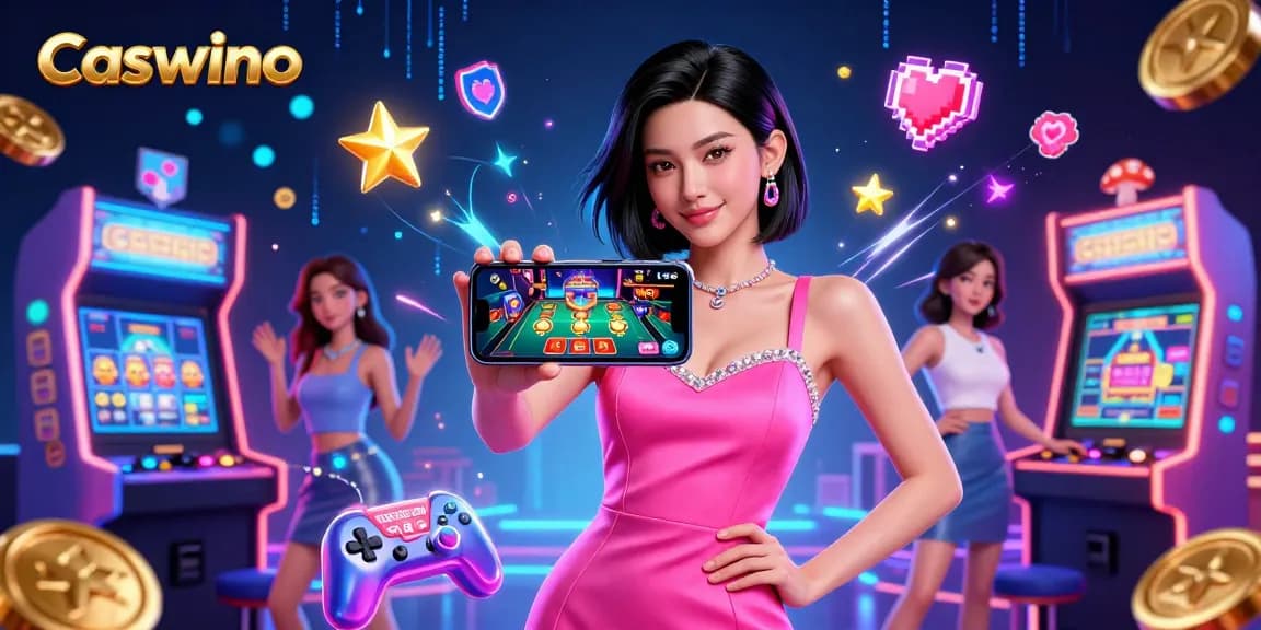 Experience Caswino's thrilling live dealer games with a stunning woman showcasing a smartphone in a vibrant casino scene.