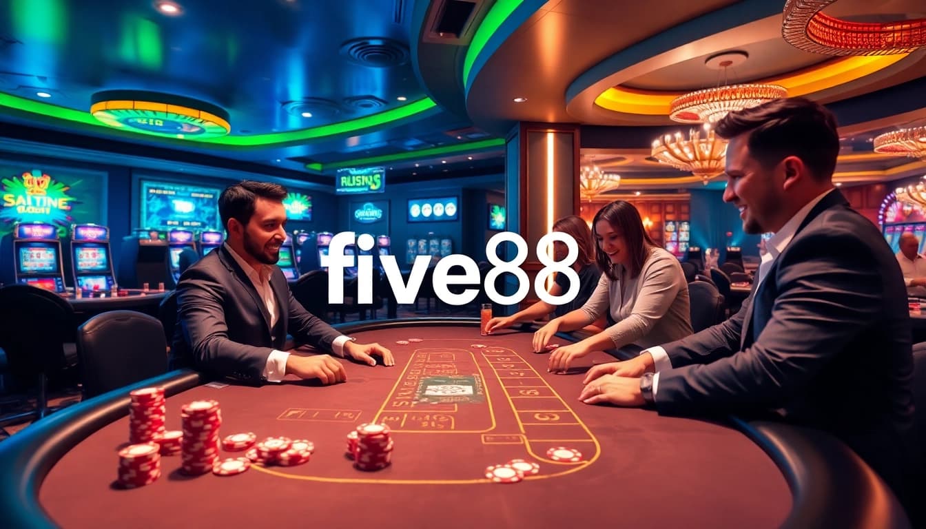 Excited players enjoying high-stakes games at five88's luxurious casino tables.