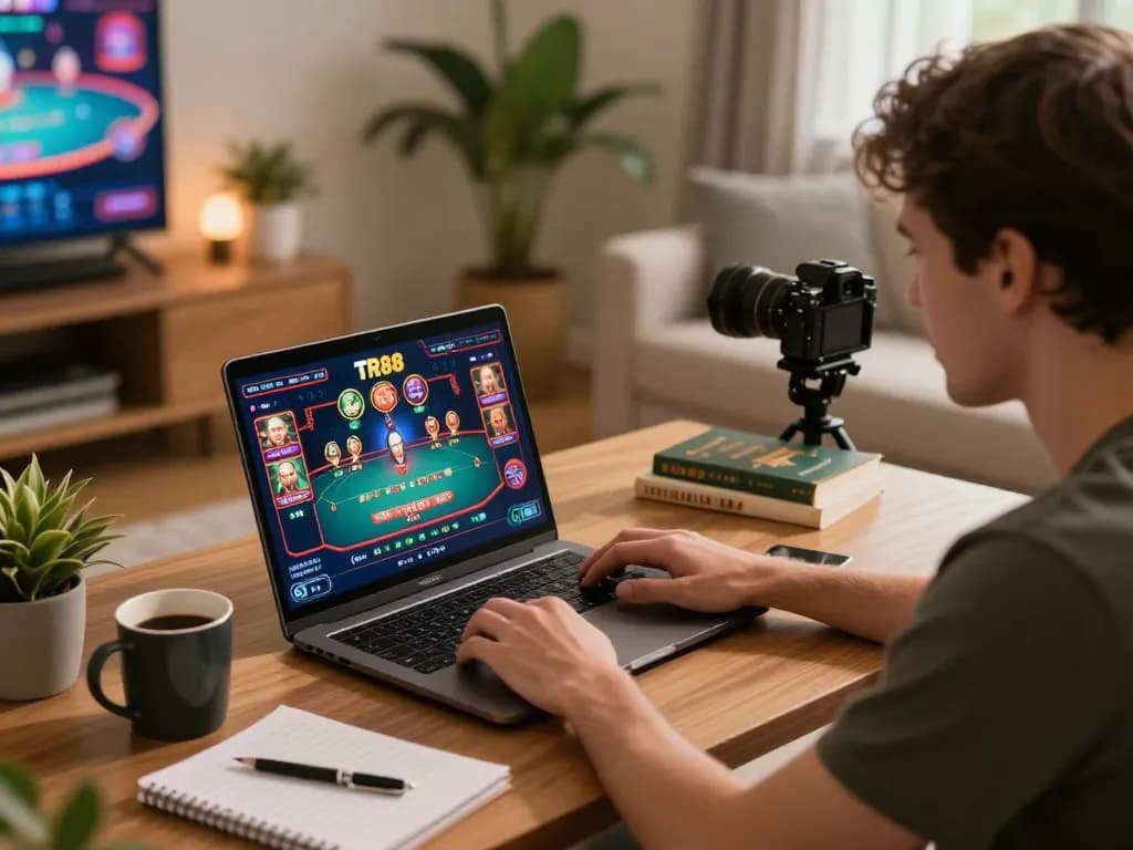 Player enjoying online gaming on TR88, engaged in strategy at home with warm ambiance