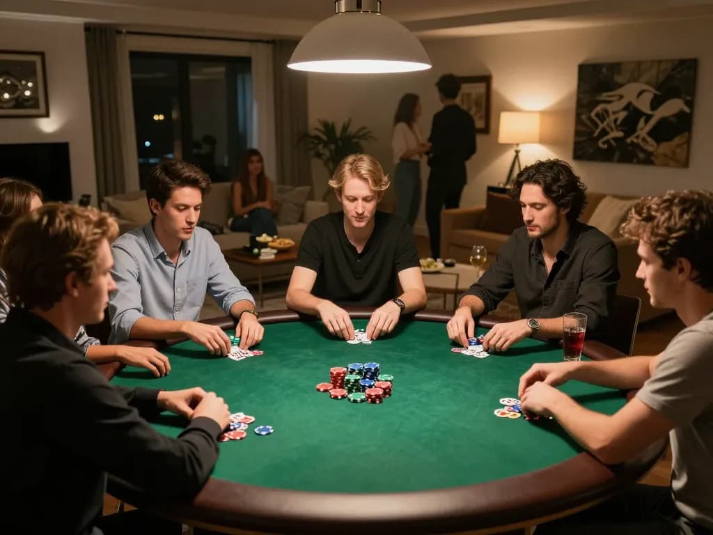 Players enjoying a game of poker at home, showcasing f168 gaming strategies in a social ambiance.