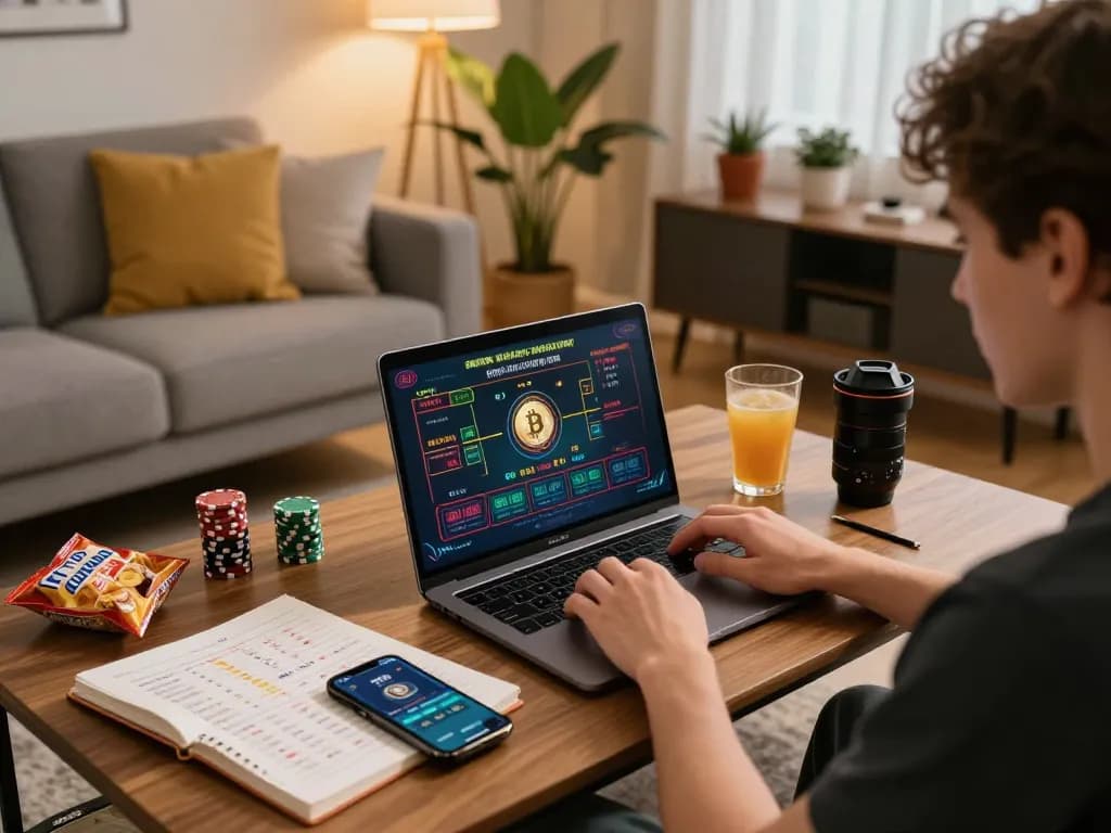 Engaging in bitcoin gambling from a cozy home setup with laptop, snacks, and strategy notes.