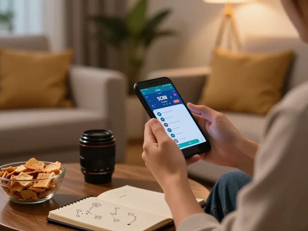Engaging with the SC88 Link app for online gaming in a cozy home environment.