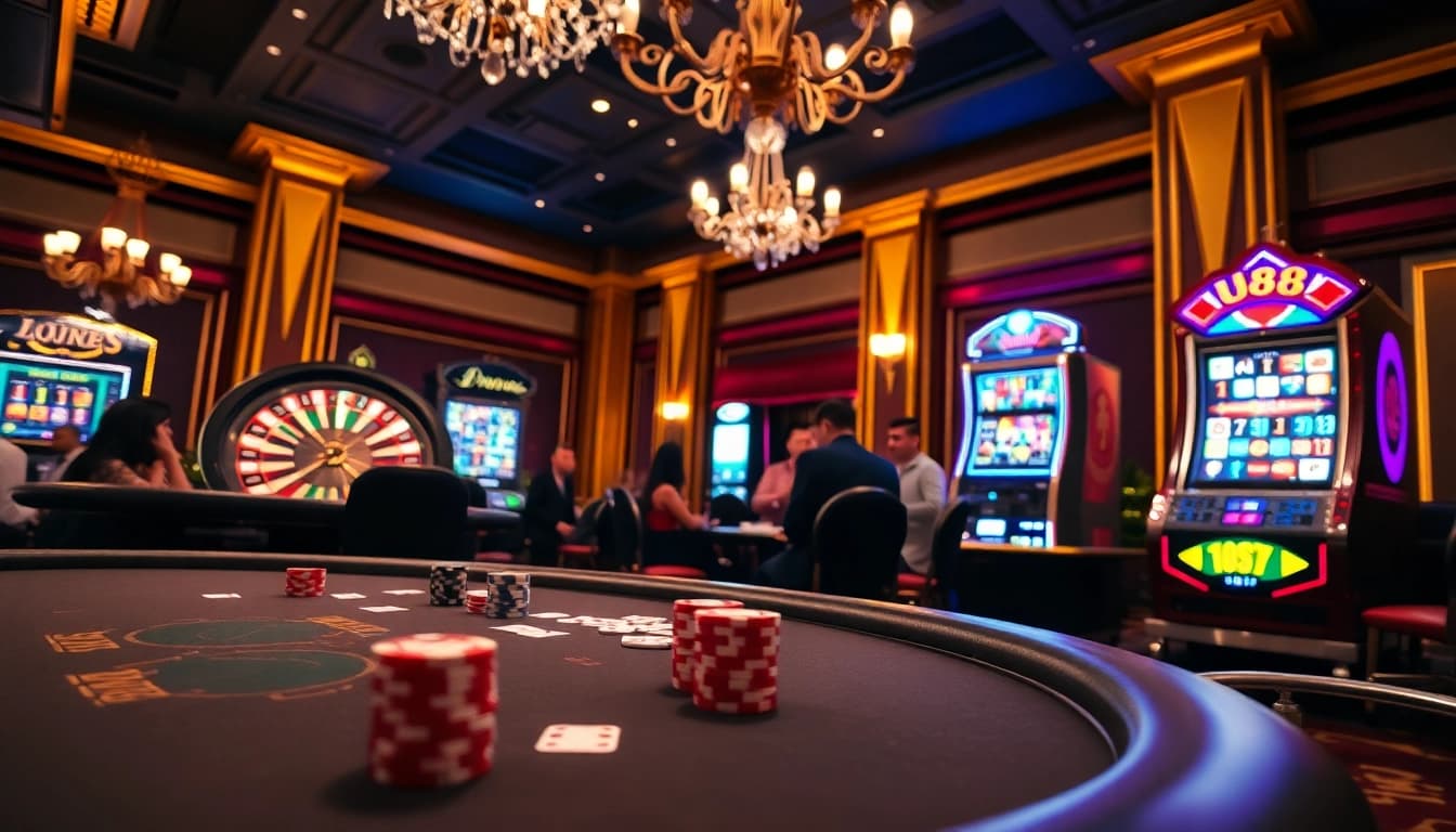 Players enjoying an exciting game at uu88 casino with vibrant table and casino elements.