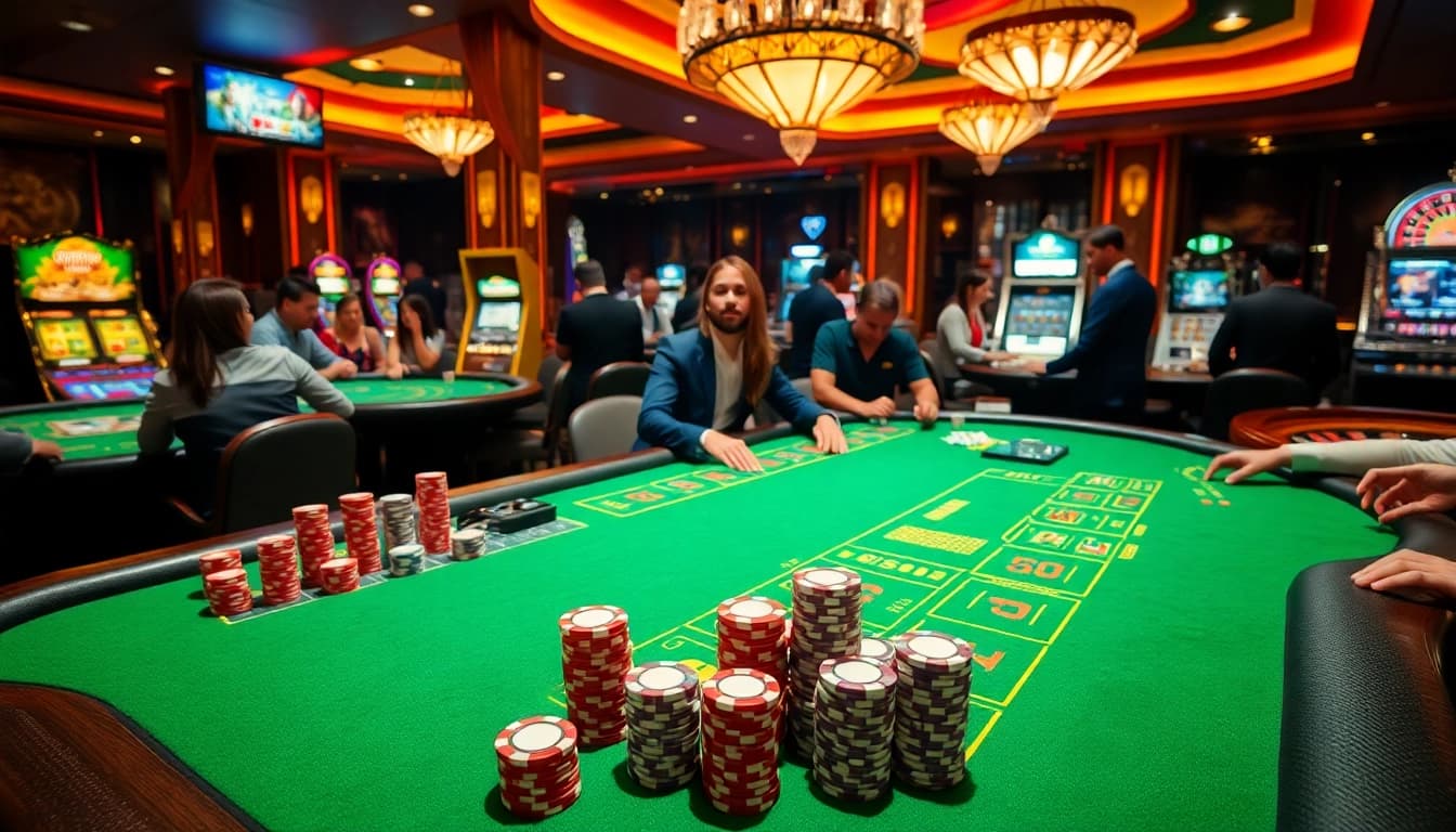 Players enjoying card games and slot machines at 789Win casino, showcasing excitement and engagement.