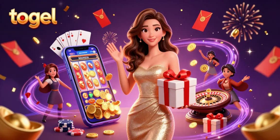Engage with togel excitement as a beautiful woman presents a fortune, surrounded by casino elements.