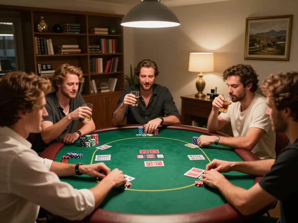 Pemain Empire99 menikmati permainan poker di rumah yang mendebarkan dengan chip dan kartu di meja bundar dalam suasana yang hangat.