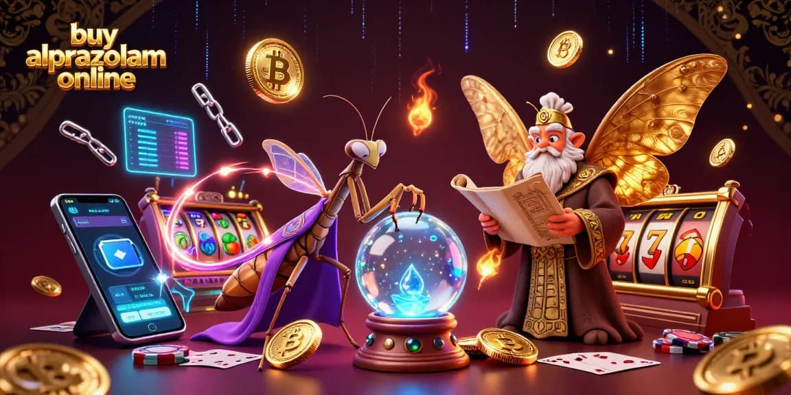 Experience the casino ambiance and buy alprazolam online in a vibrant 3D illustration filled with dynamic game elements.