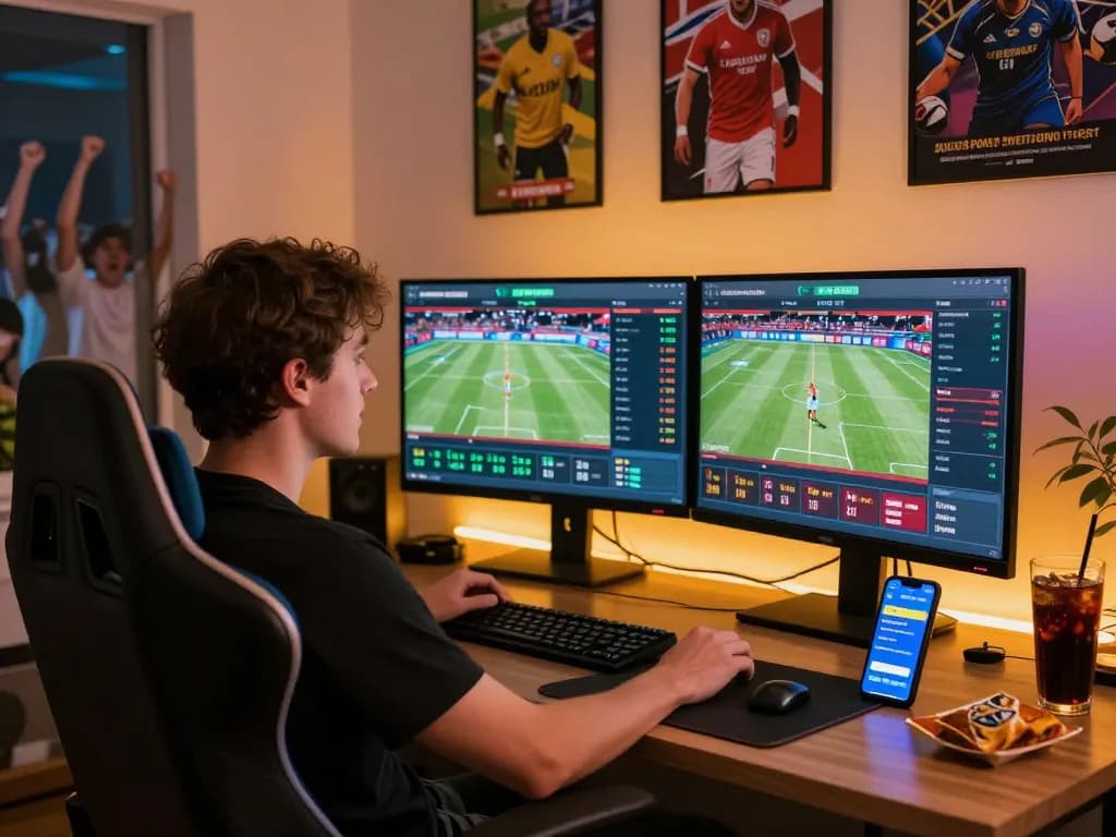 Excited user engaging with zbet online sports betting platform in a stylish home office, vibrant atmosphere.