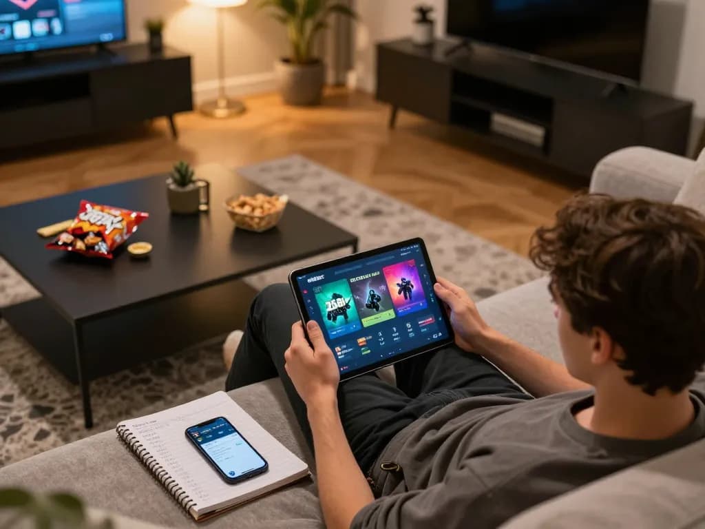 Enjoying a gaming session on the 258bet app in a cozy home setting with snacks and strategy notes.
