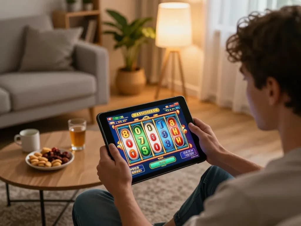 Player spins kdslots reels on a tablet in a cozy living room setting, emphasizing responsible gaming.