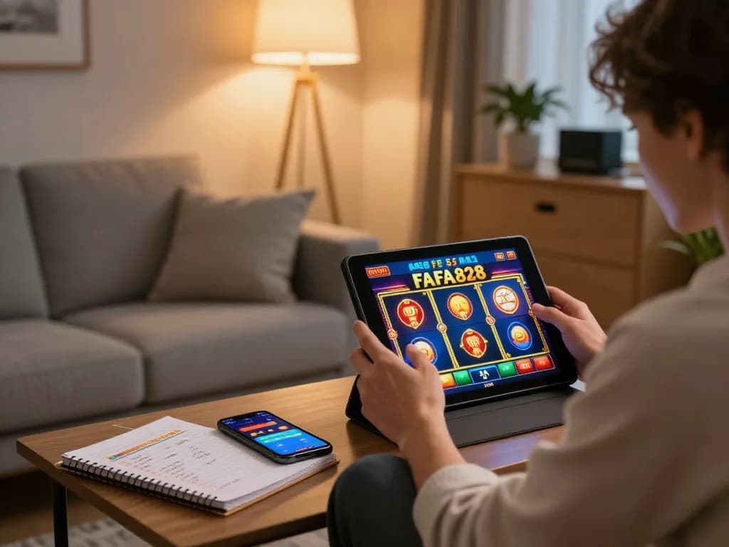 Player enjoying FAFA828 slots on a tablet in a cozy home setting, showcasing strategic gameplay.
