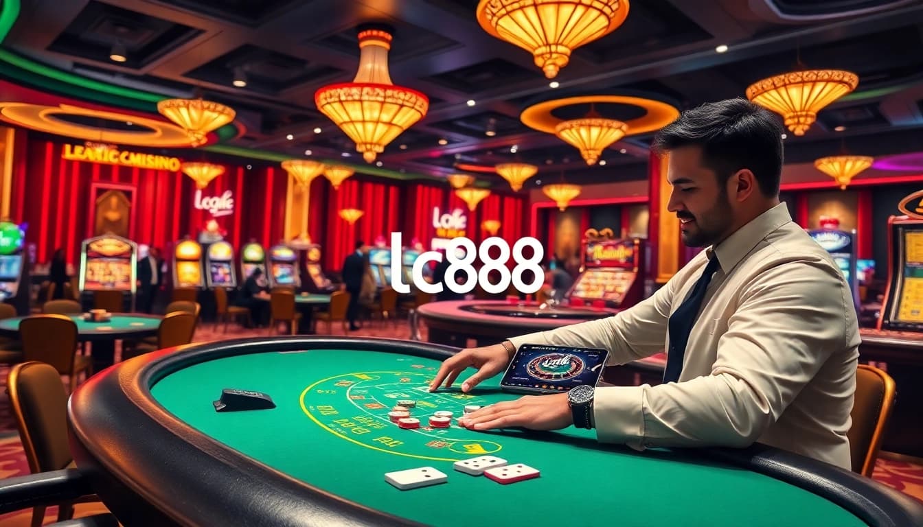 Players enjoying casino games at lc88's upscale online environment with vibrant tables and slot machines.