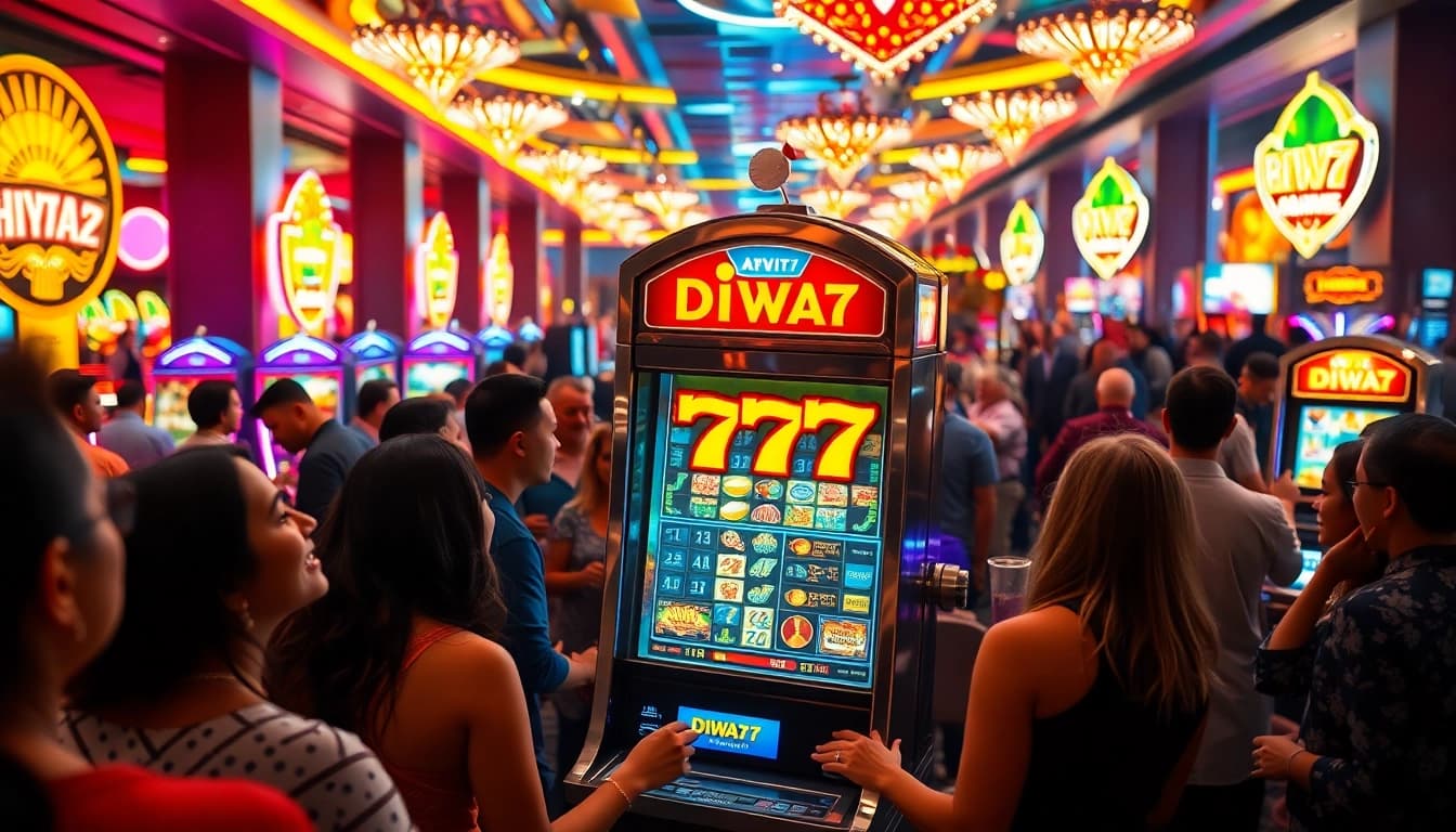 Experience the thrill of Diwa 777 at a vibrant casino with excited players and dazzling lights.