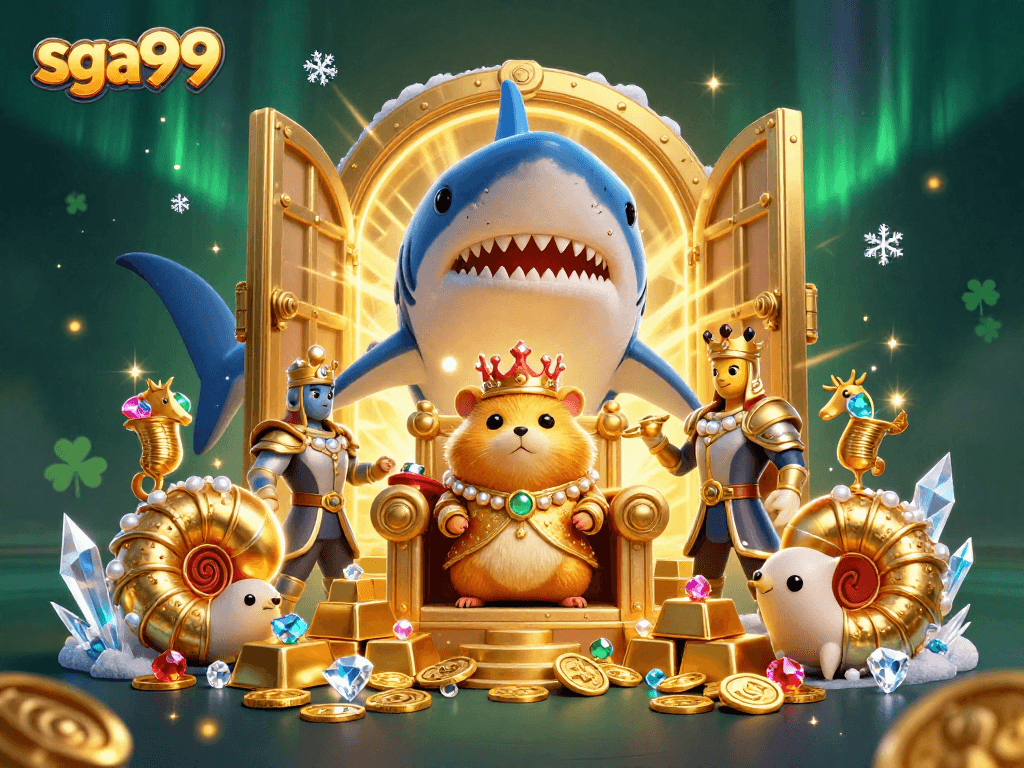 Sga99 offers an engaging scene with a fierce hamster king amid treasures, showcasing casino elements and security.