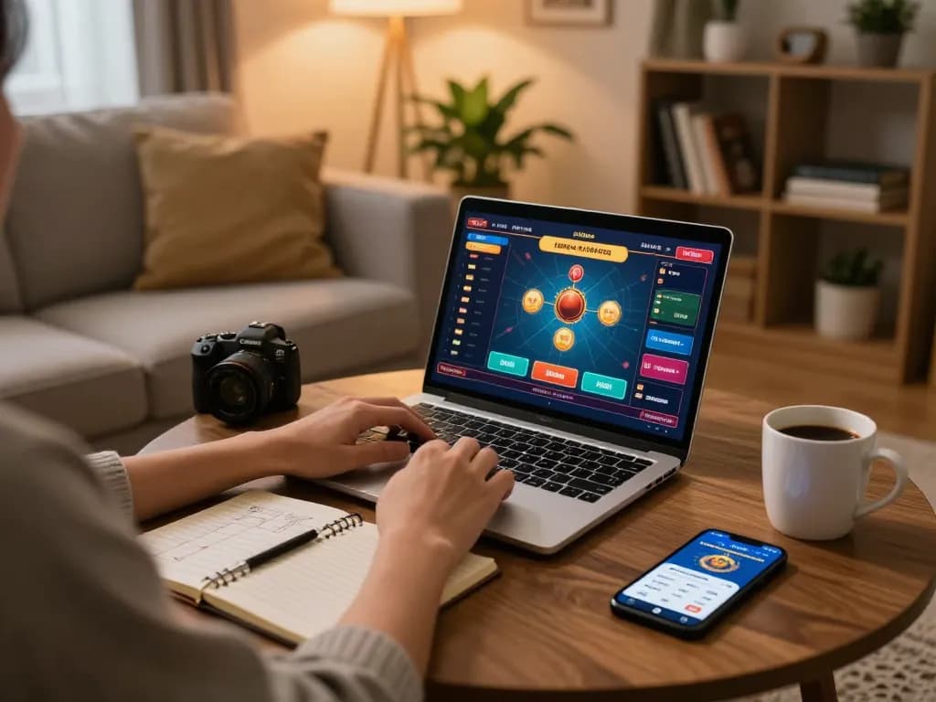 Engaging in online gambling at home with the jun88 app on a laptop, showcasing a cozy atmosphere.