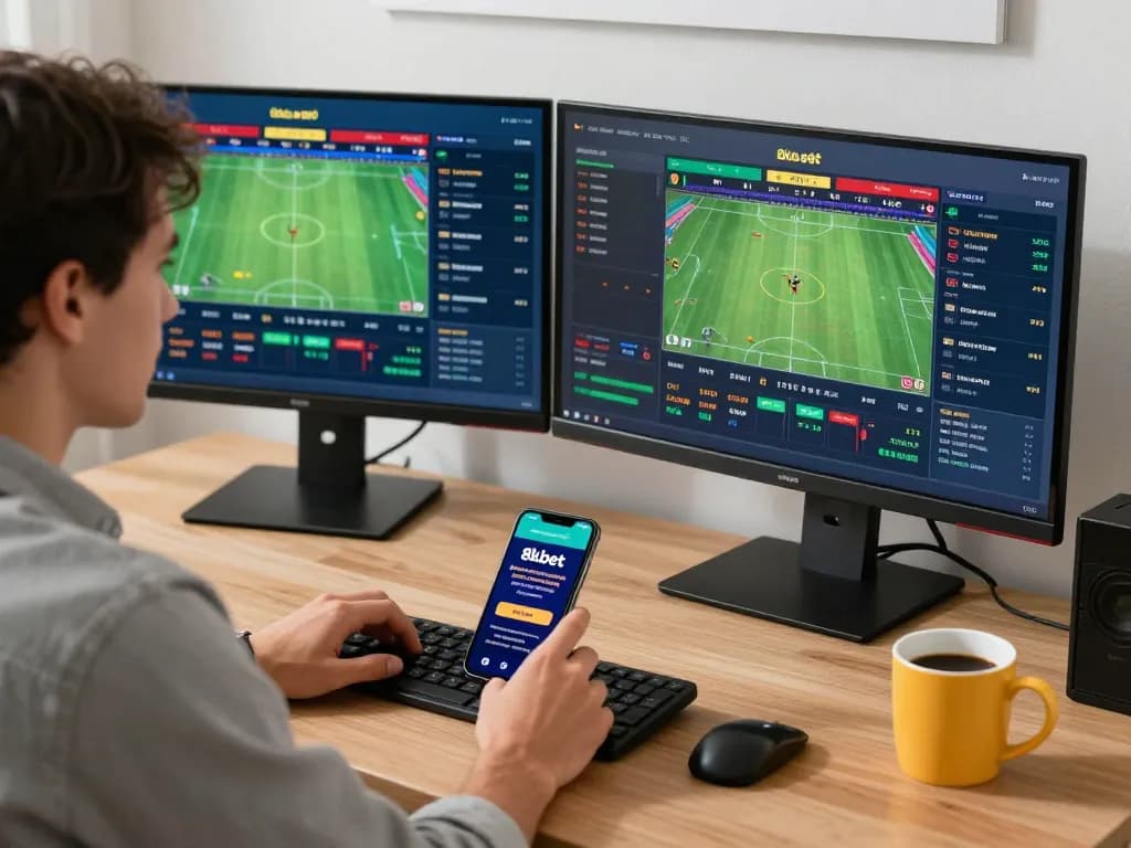 Player engaging with betting odds on 8kbet platform in a tech-savvy workspace