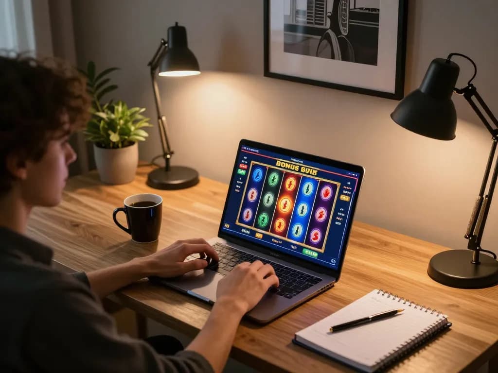 Engaged player exploring bonus buy slots on their laptop in a cozy gaming space