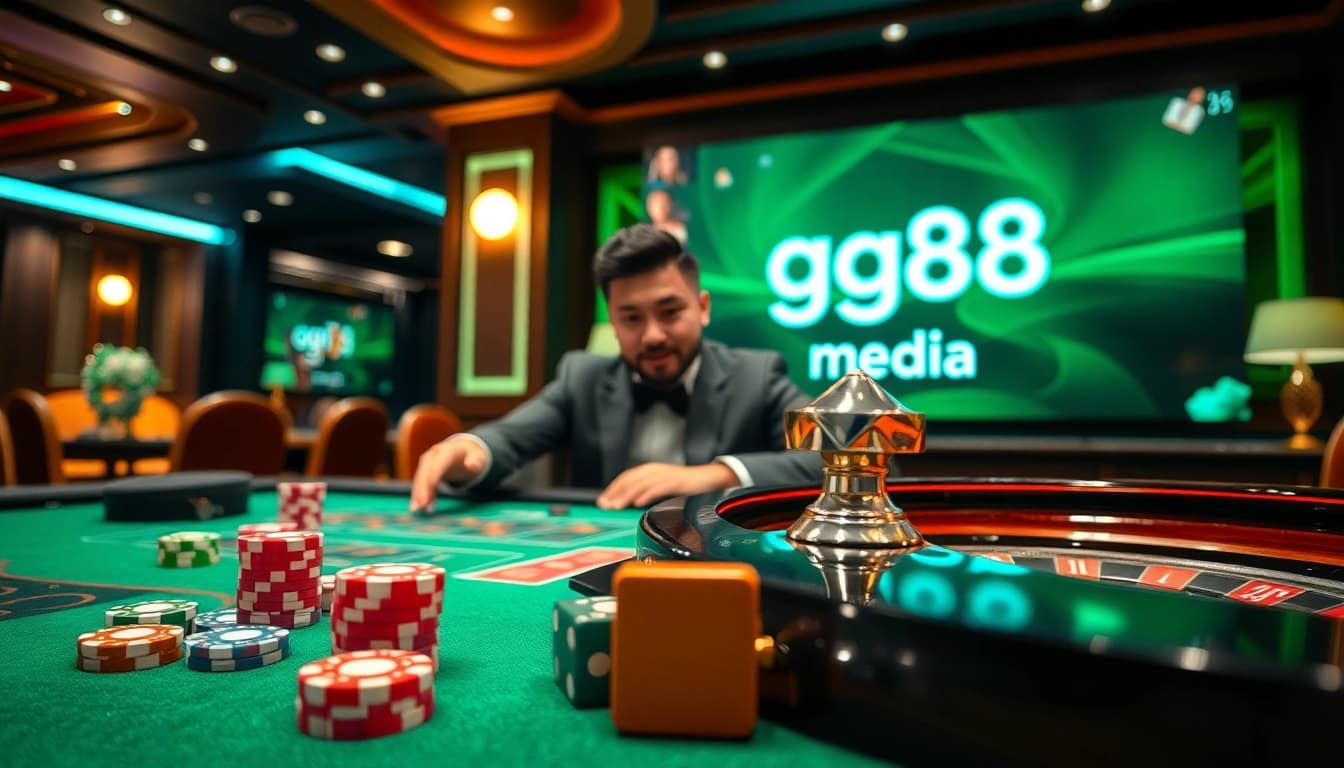 Experience the thrill of playing at GG88 media's casino, featuring vibrant poker chips and a luxe roulette wheel.