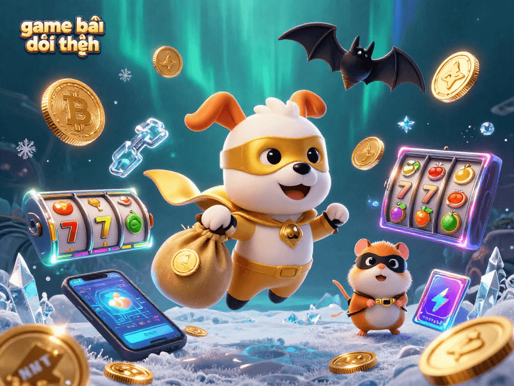 Engage with game bài đổi thưởng featuring a superhero dog and hamster amid vibrant casino elements.