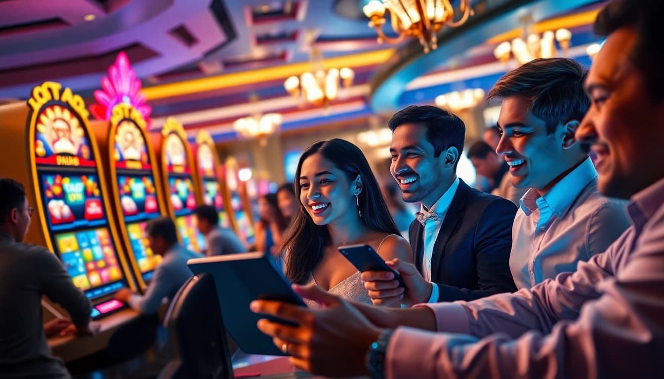 fb88 online gaming with players celebrating wins at a vibrant digital casino