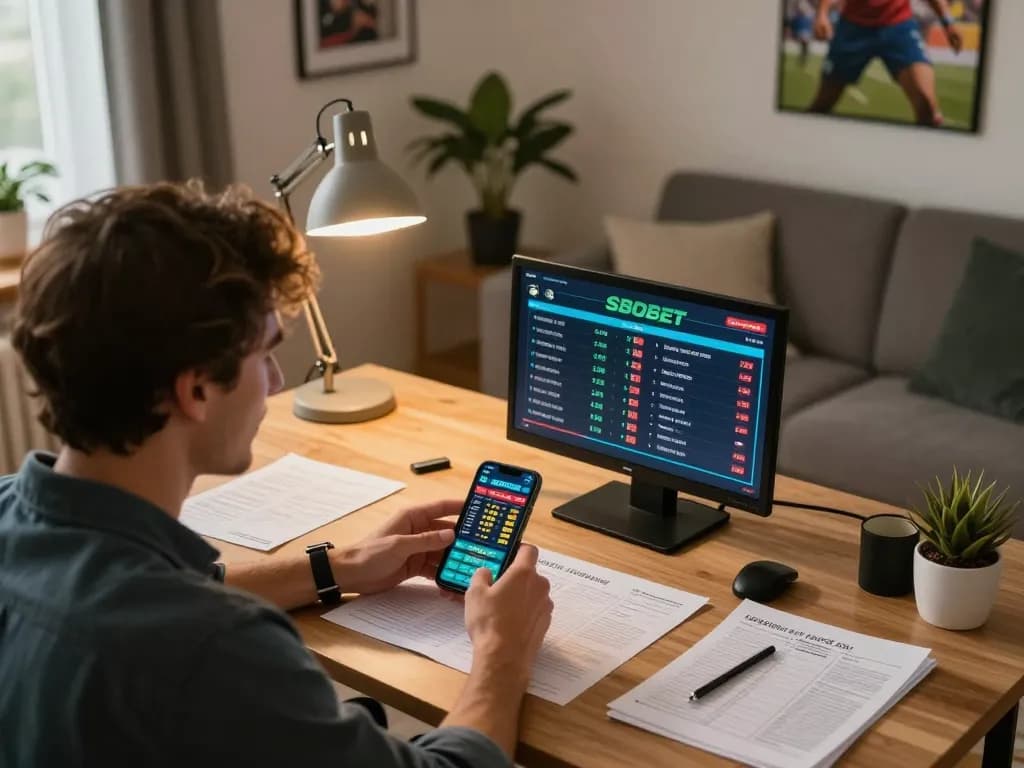 Aksi taruhan olahraga online SBOBET menampilkan seorang pemain yang menganalisis odds langsung di kantor rumah yang nyaman