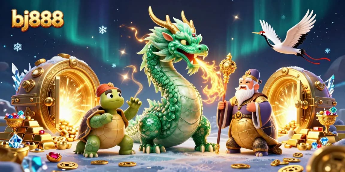 Experience the excitement of bj888 with a vibrant 3D dragon casino illustration and golden treasures.