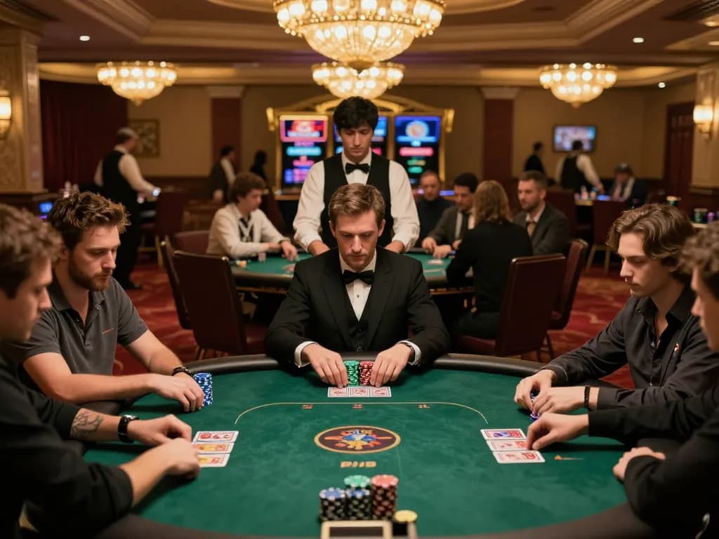 Players engaging in a strategic poker game at a luxurious casino during 789P tournament, showcasing actions and emotional tension.