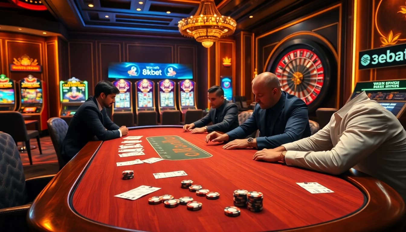 Exciting scene of high-stakes poker at 8kbet casino, filled with vibrant colors and professional players.
