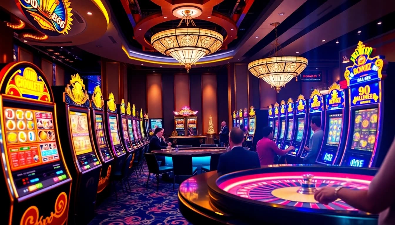 Players enjoying slot888 at a vibrant casino scene with exciting slot machines.
