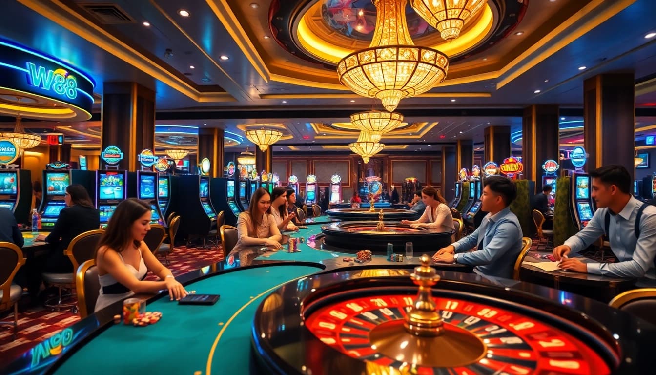 Playing at W88 casino tables surrounded by vibrant lights and luxurious decor.