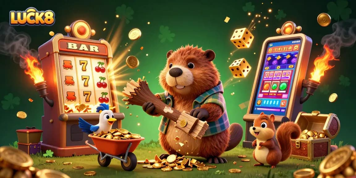 LUCK8 brings excitement with a beaver character chopping a tree showering coins, symbolizing gaming rewards.