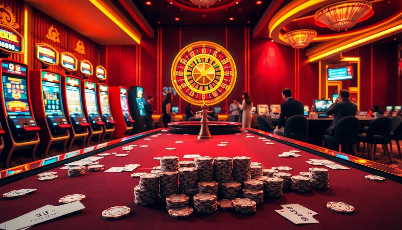 33win68 Pengalaman kasino yang menarik dengan pemain di meja poker dan mesin slot yang berwarna-warni.