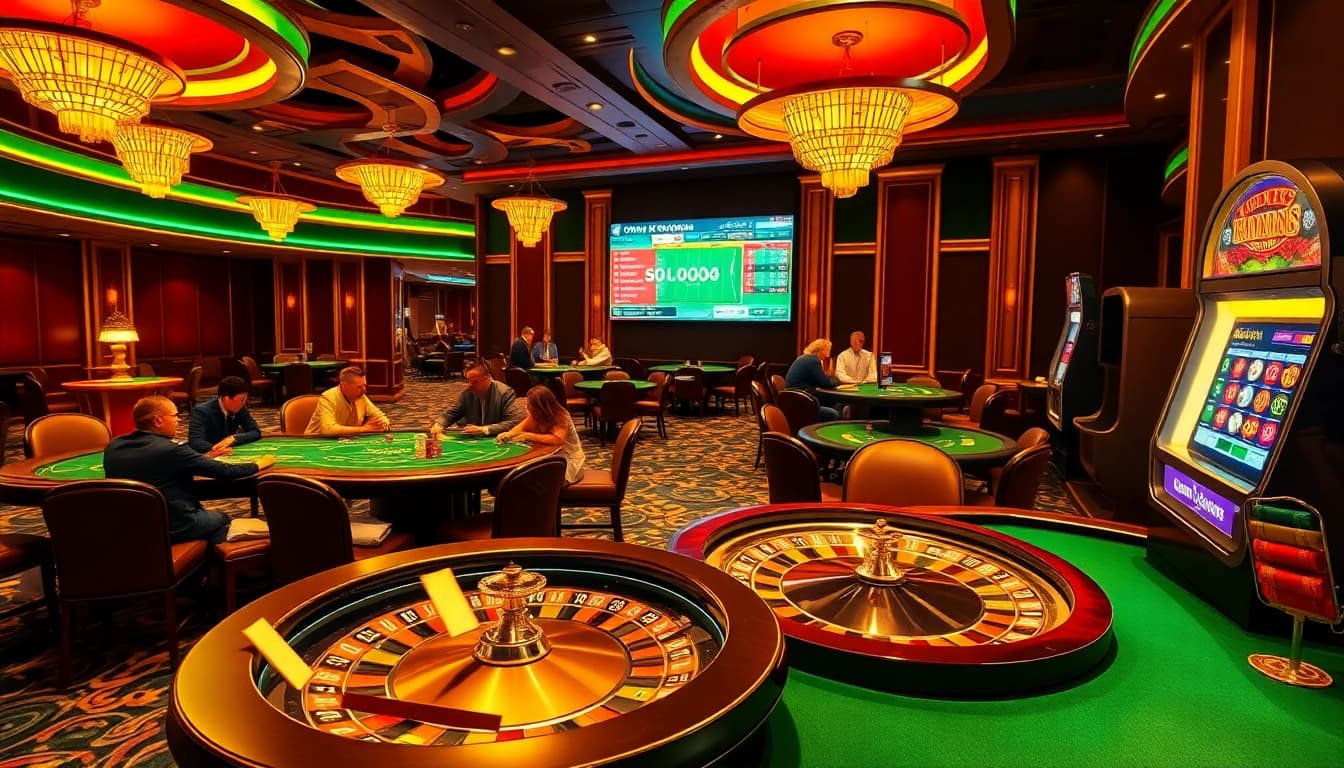Gambling action at https://9keonhacai.com/ with poker tables, roulette wheels, and vibrant casino atmosphere