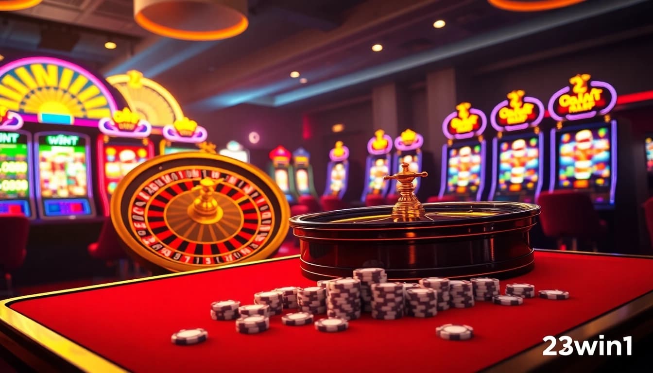 Experience the excitement of 23win1 with vibrant casino visuals, featuring roulette and slot machines.